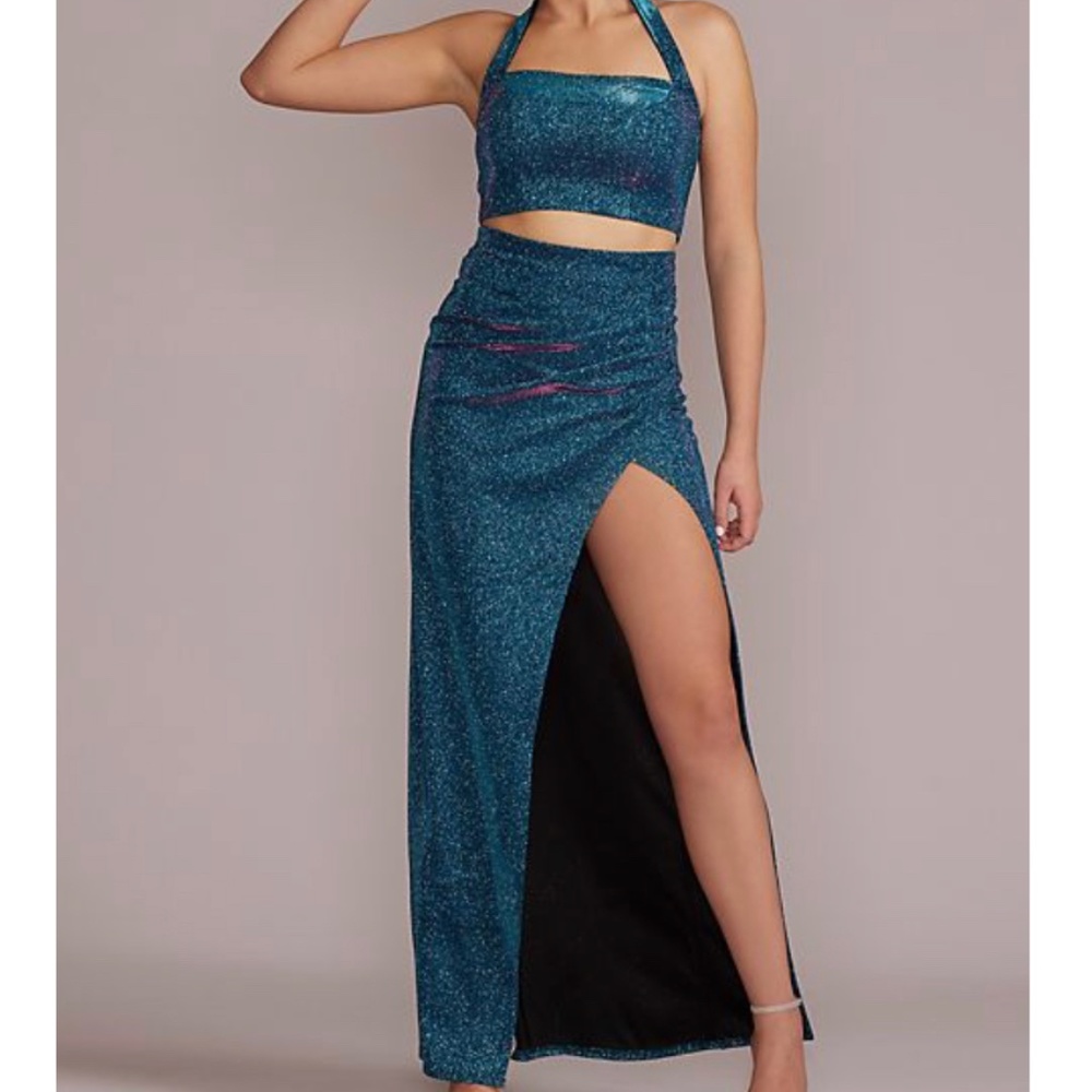 Metallic Glitter Two-Piece Set with Slit Skirt